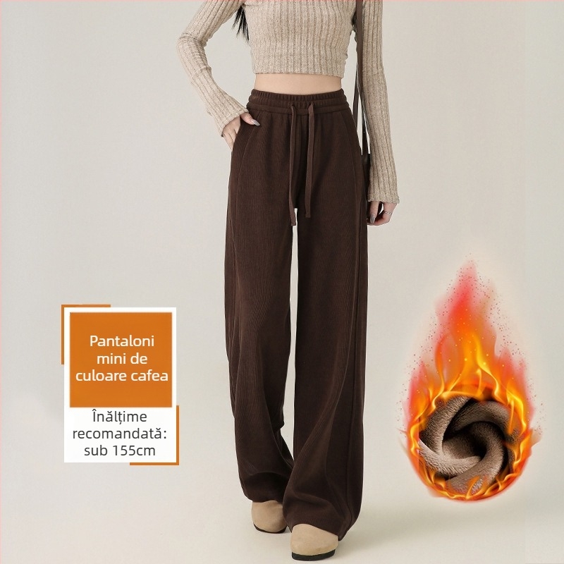 Pantaloni largi de damă, cu fleece din chenille, talie înaltă, lungime 3/4