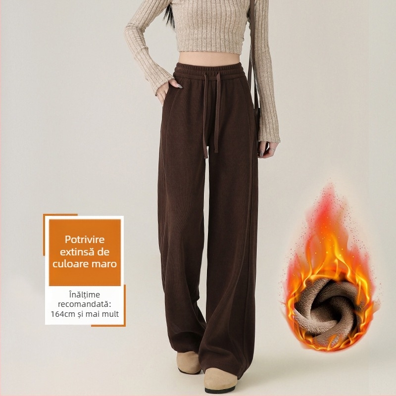 Pantaloni largi de damă, cu fleece din chenille, talie înaltă, lungime 3/4