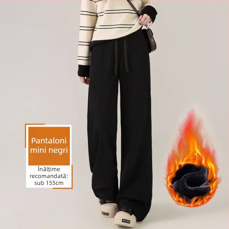 Pantaloni largi de damă, cu fleece din chenille, talie înaltă, lungime 3/4