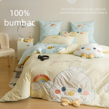 Set de lenjerie pentru copii, 4 piese, 100% bumbac, broderie cu aplicații (cearșaf, husă de pilotă, două fețe de pernă) – pentru toate anotimpurile