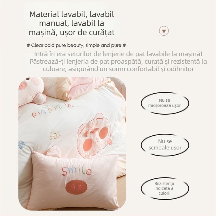 Set de lenjerie pentru copii, 4 piese, 100% bumbac, broderie cu aplicații (cearșaf, husă de pilotă, două fețe de pernă) – pentru toate anotimpurile