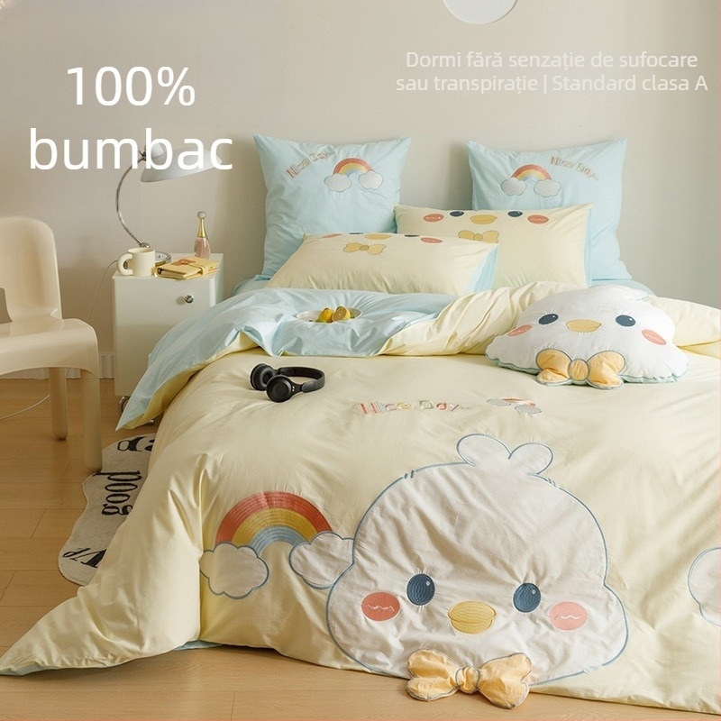 Set de lenjerie pentru copii, 4 piese, 100% bumbac, broderie cu aplicații (cearșaf, husă de pilotă, două fețe de pernă) – pentru toate anotimpurile