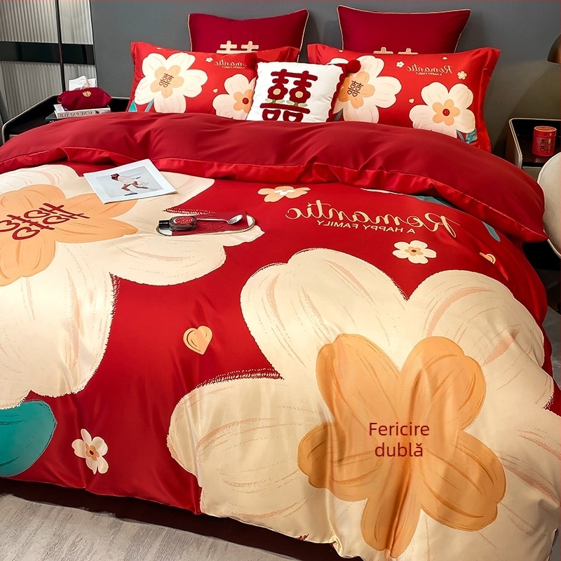 Set de lenjerie pentru nuntă, patru piese, poliester twill, vopsire reactiva