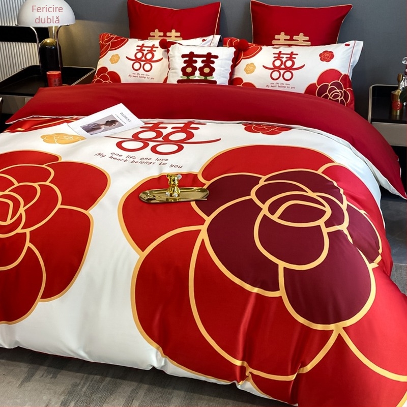 Set de lenjerie pentru nuntă, patru piese, poliester twill, vopsire reactiva