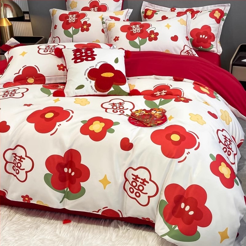 Set de lenjerie pentru nuntă, patru piese, poliester twill, vopsire reactiva