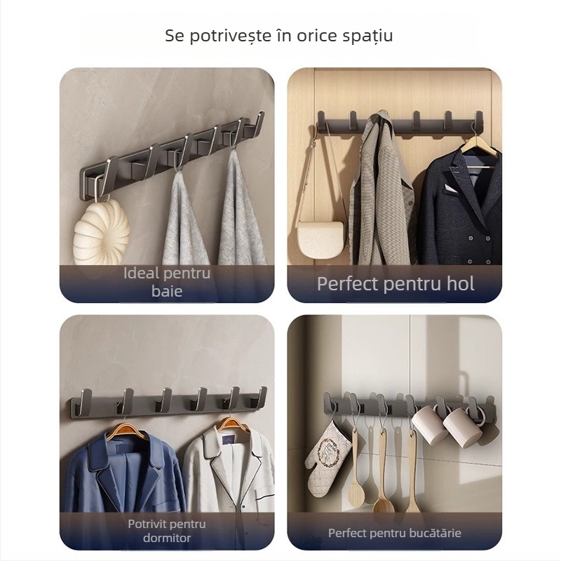 Cuier de perete fără găuri pentru haine, din Space Aluminum, cu 3-8 cârlige, design modern și simplu, sarcină 10-15 kg