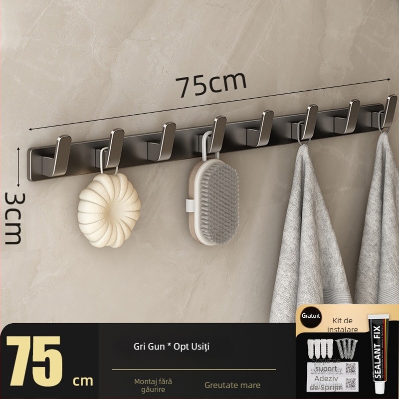 Cuier de perete fără găuri pentru haine, din Space Aluminum, cu 3-8 cârlige, design modern și simplu, sarcină 10-15 kg