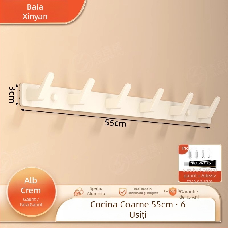 Cuier de perete fără găuri pentru haine, din Space Aluminum, cu 3-8 cârlige, design modern și simplu, sarcină 10-15 kg