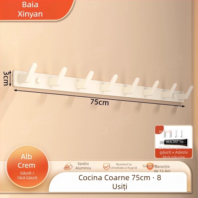 Cuier de perete fără găuri pentru haine, din Space Aluminum, cu 3-8 cârlige, design modern și simplu, sarcină 10-15 kg