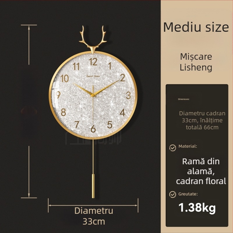 Ceas de perete, stil lux ușor, model 985, mișcare mecanică, mișcare Sun, alimentare cu baterie, cadran metalic, geam din sticlă, camera de zi