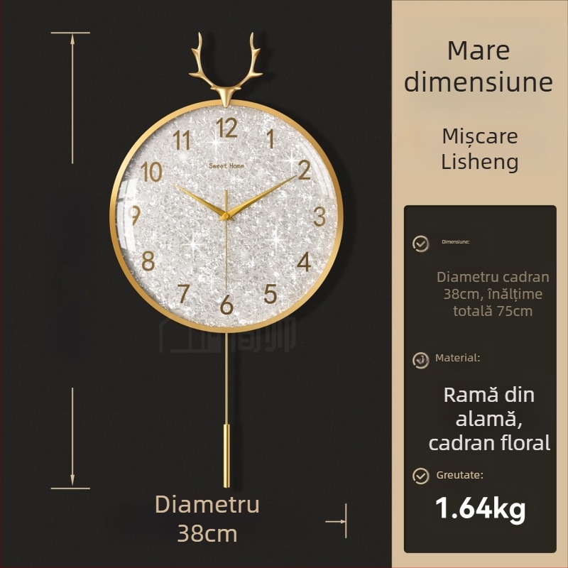 Ceas de perete, stil lux ușor, model 985, mișcare mecanică, mișcare Sun, alimentare cu baterie, cadran metalic, geam din sticlă, camera de zi