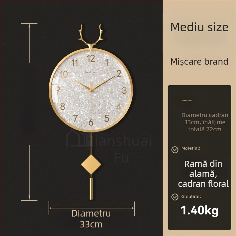 Ceas de perete, stil lux ușor, model 985, mișcare mecanică, mișcare Sun, alimentare cu baterie, cadran metalic, geam din sticlă, camera de zi