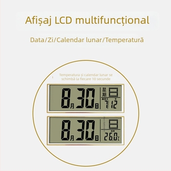 Ceas de perete, design modern dreptunghiular, afișaj LCD + analogic, calendar perpetuu, termometru (mișcare cuarț, alimentare cu baterii)