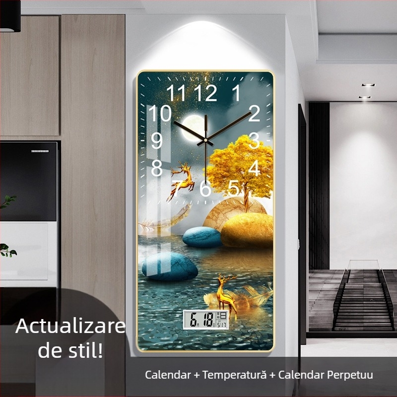 Ceas de perete, design modern dreptunghiular, afișaj LCD + analogic, calendar perpetuu, termometru (mișcare cuarț, alimentare cu baterii)