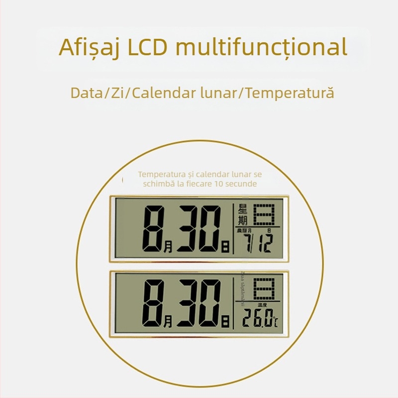 Ceas de perete, design modern dreptunghiular, afișaj LCD + analogic, calendar perpetuu, termometru (mișcare cuarț, alimentare cu baterii)