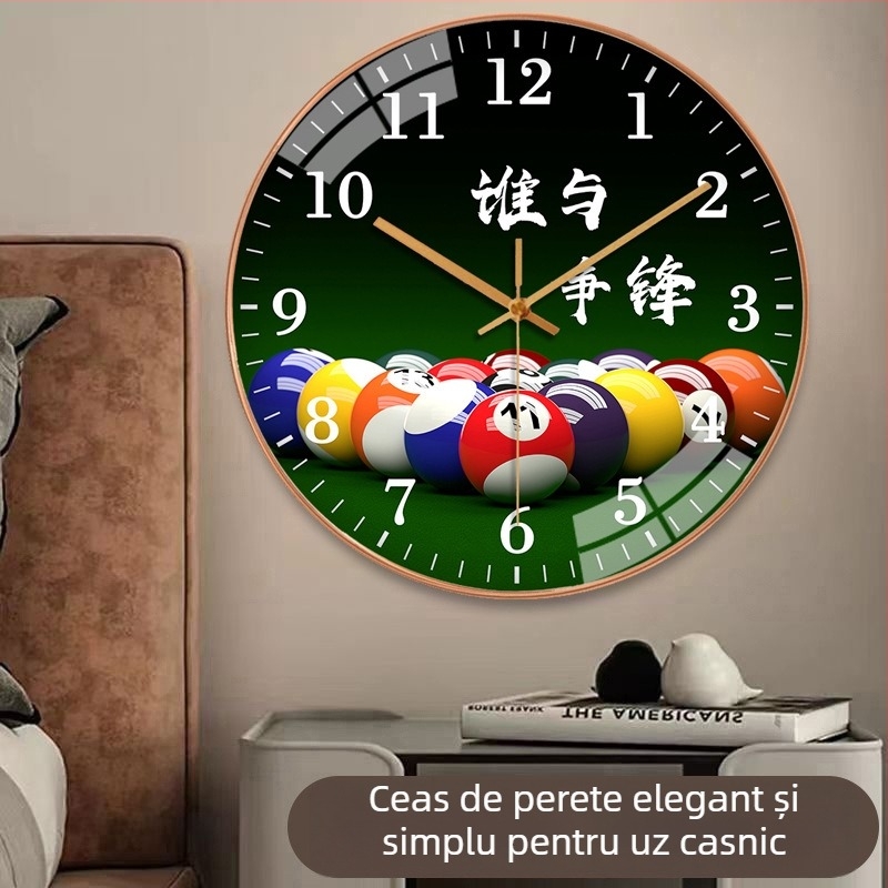 Ceas de perete pentru camera de biliard | Stil modern, Mișcare cuarț, alimentare cu baterii, carcasă din plastic