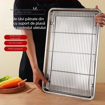 Tavă pătrată din oțel inoxidabil, pentru uz comercial, cu rack din plasă pentru controlul uleiului, tavă de filtrare apă-ulei, prezentare pentru alimente, pentru frigere și condimentare