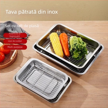 Tavă pătrată din oțel inoxidabil, pentru uz comercial, cu rack din plasă pentru controlul uleiului, tavă de filtrare apă-ulei, prezentare pentru alimente, pentru frigere și condimentare