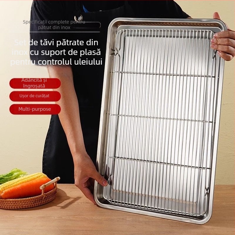Tavă pătrată din oțel inoxidabil, pentru uz comercial, cu rack din plasă pentru controlul uleiului, tavă de filtrare apă-ulei, prezentare pentru alimente, pentru frigere și condimentare