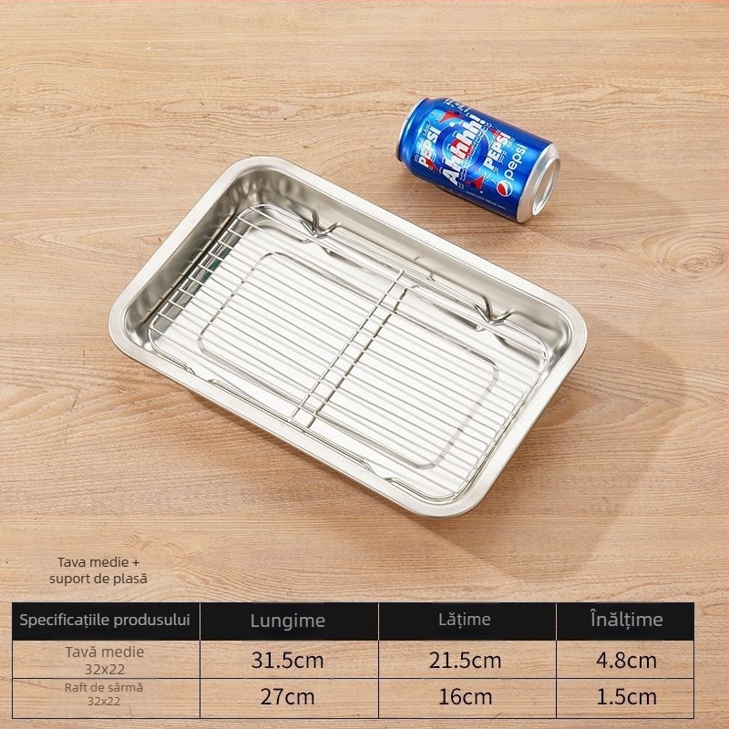 Tavă pătrată din oțel inoxidabil, pentru uz comercial, cu rack din plasă pentru controlul uleiului, tavă de filtrare apă-ulei, prezentare pentru alimente, pentru frigere și condimentare