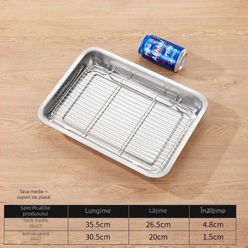 Tavă pătrată din oțel inoxidabil, pentru uz comercial, cu rack din plasă pentru controlul uleiului, tavă de filtrare apă-ulei, prezentare pentru alimente, pentru frigere și condimentare