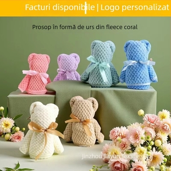 Prosop din velur coral cu ursuleți, în cutie cadou – gros, foarte absorbant, cu imprimare a logo-ului