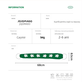 Fular din cașmir cu model iepuraș, tricotat prin warp knitting, lățime 8,5 cm, unisex, lungime medie