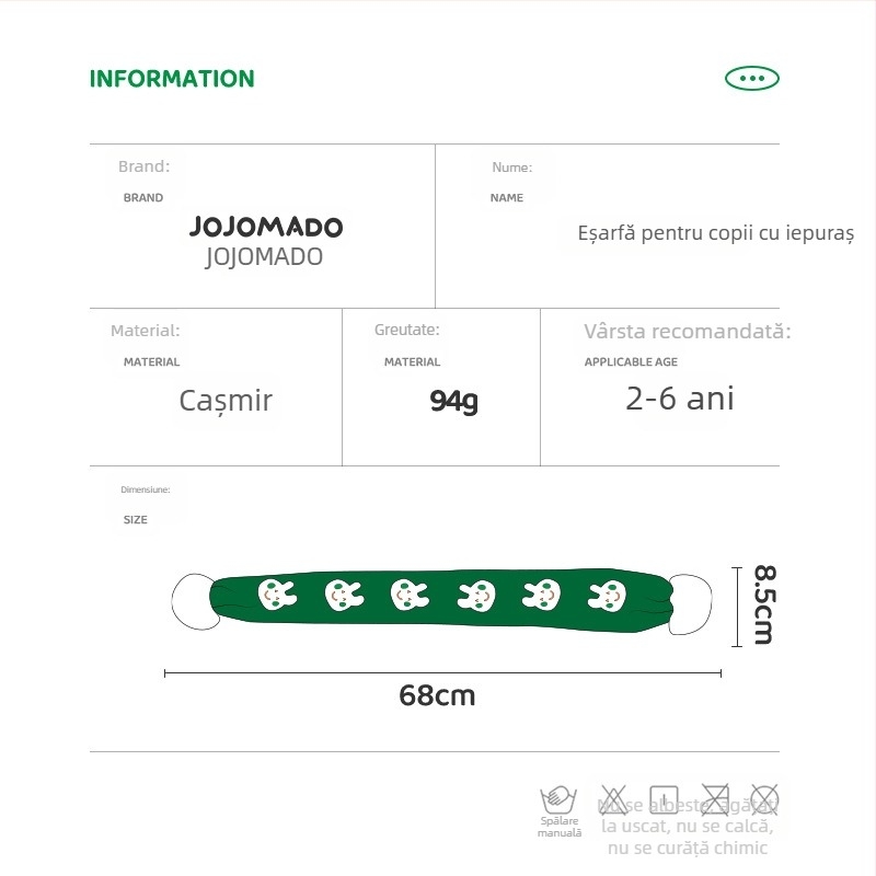 Fular din cașmir cu model iepuraș, tricotat prin warp knitting, lățime 8,5 cm, unisex, lungime medie