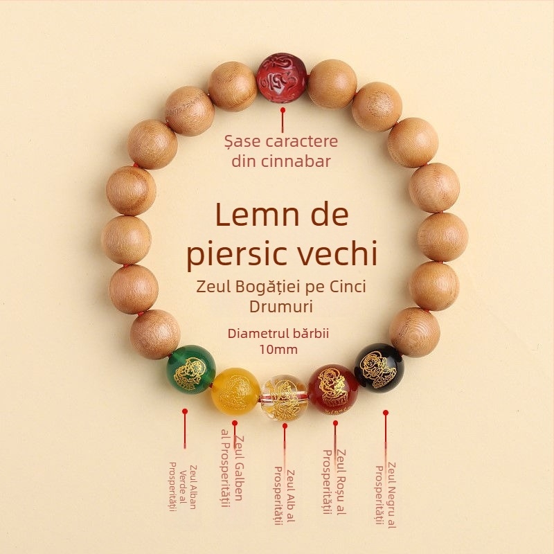 Brățară din lemn de piersic, lucrată manual, unisex, mărgele de rugăciune cu Ocrotitorul Zodiei și Zeul Bogăției al celor cinci direcții