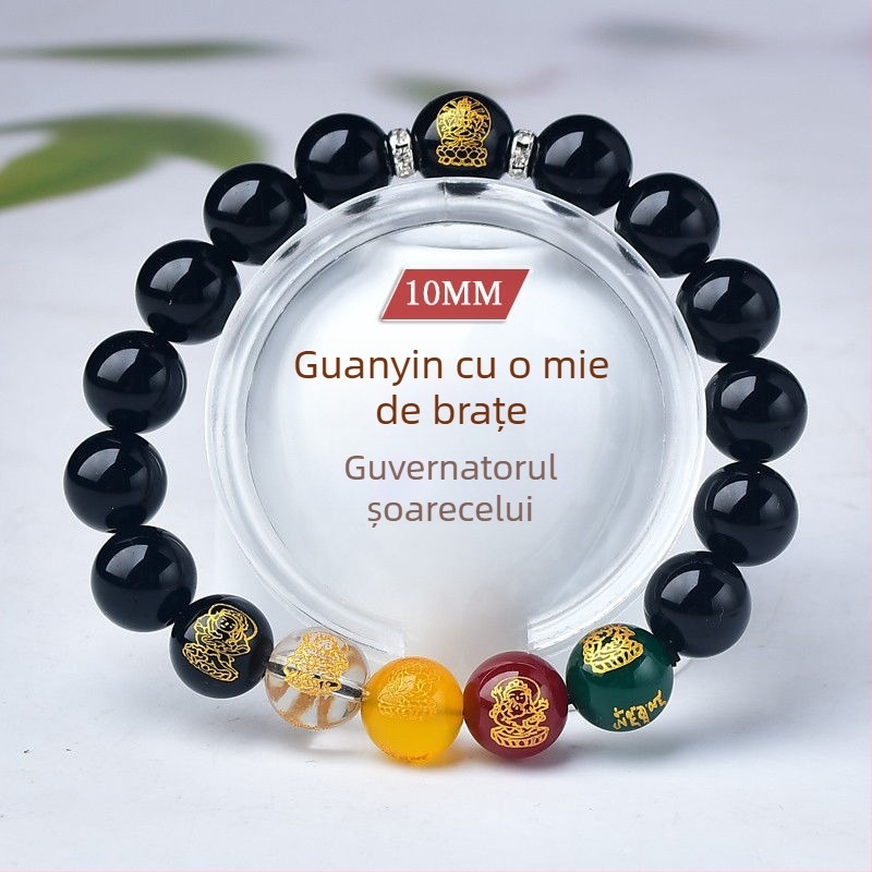 Brățară din lemn de piersic, lucrată manual, unisex, mărgele de rugăciune cu Ocrotitorul Zodiei și Zeul Bogăției al celor cinci direcții