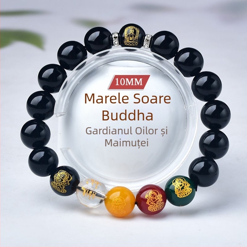 Brățară din lemn de piersic, lucrată manual, unisex, mărgele de rugăciune cu Ocrotitorul Zodiei și Zeul Bogăției al celor cinci direcții