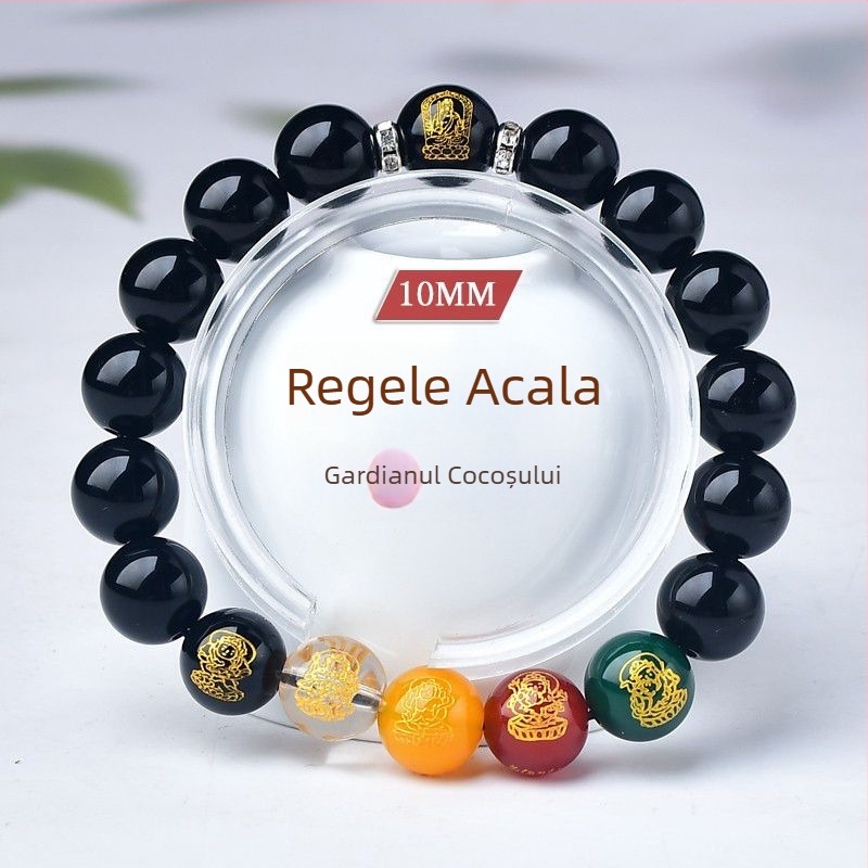 Brățară din lemn de piersic, lucrată manual, unisex, mărgele de rugăciune cu Ocrotitorul Zodiei și Zeul Bogăției al celor cinci direcții