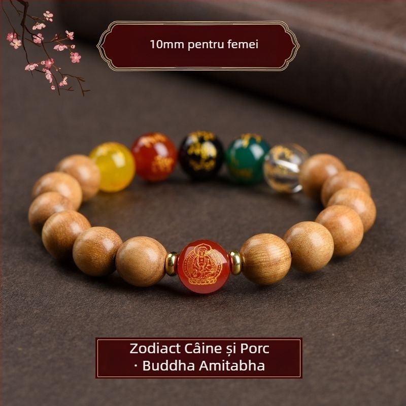 Brățară din lemn de piersic, lucrată manual, unisex, mărgele de rugăciune cu Ocrotitorul Zodiei și Zeul Bogăției al celor cinci direcții