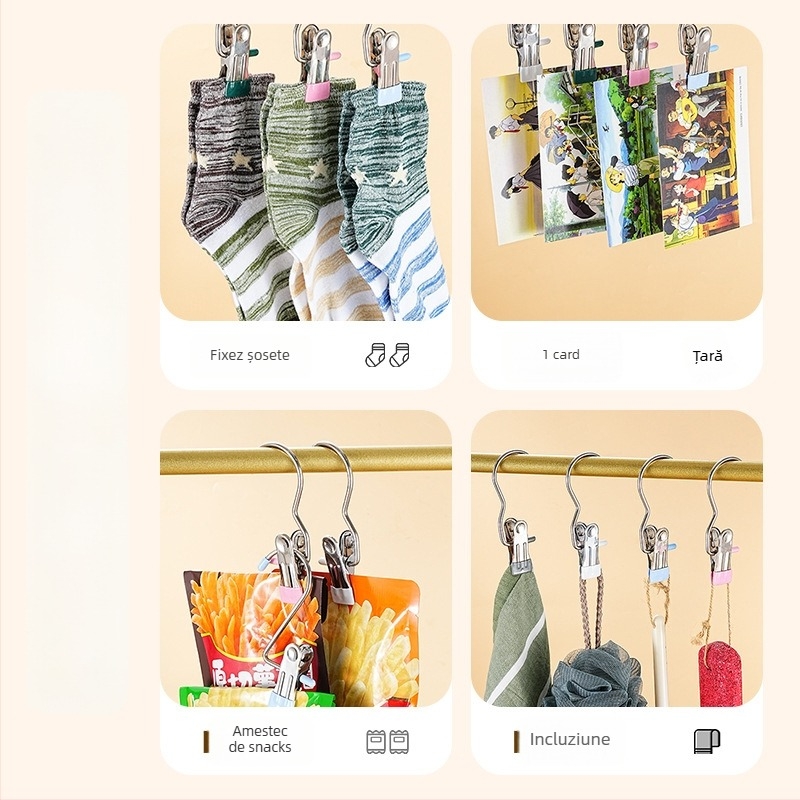 Clip de uscare din oțel inoxidabil cu cârlig, pentru pantaloni, șosete și cămăși