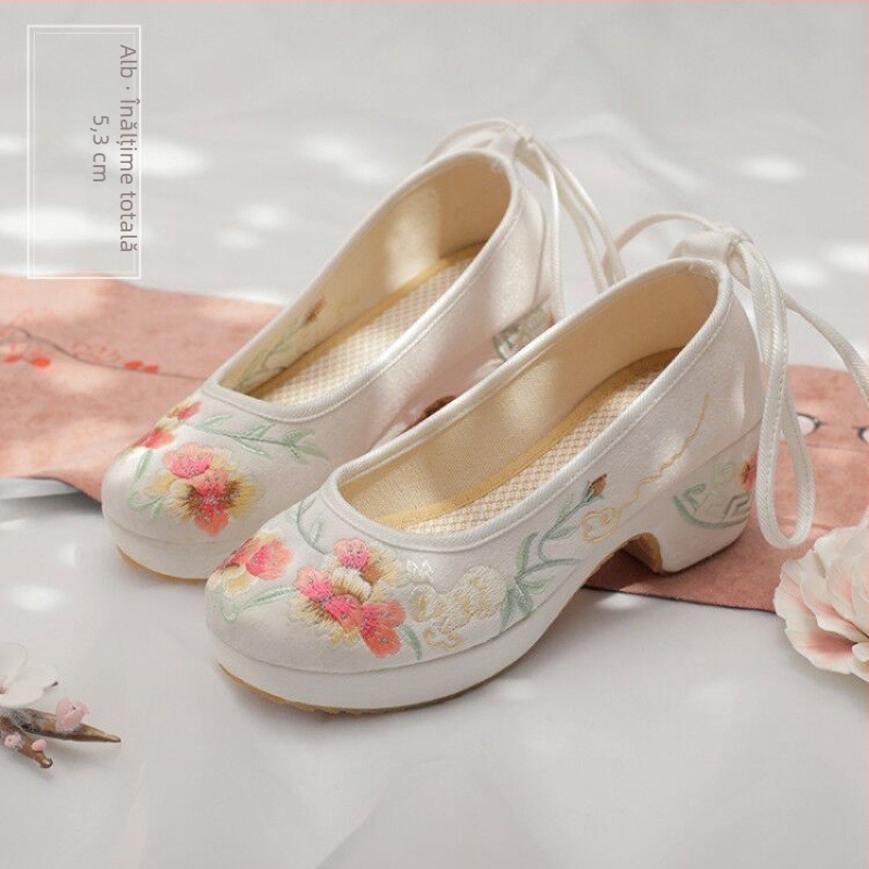 Pantofi dama din pânză cu broderie floral, partea superioară din bumbac, talpă din cauciuc, vârf pătrat, toc mic, model de vară