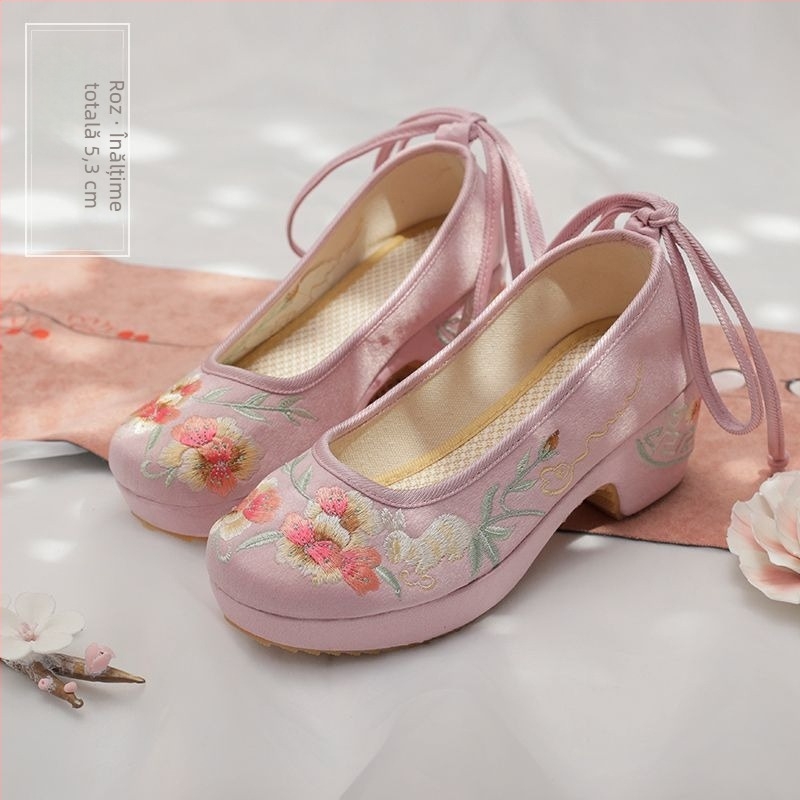 Pantofi dama din pânză cu broderie floral, partea superioară din bumbac, talpă din cauciuc, vârf pătrat, toc mic, model de vară