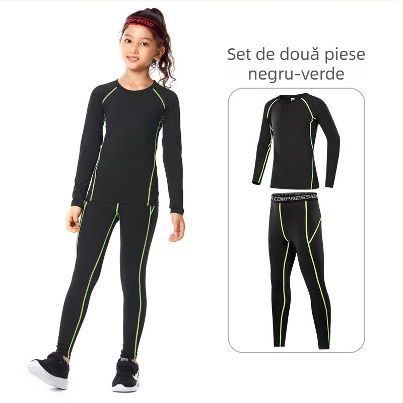 Set sport pentru copii – bodysuit pentru antrenament, uscare rapidă, respirabil, mânecă lungă, guler rotund, material din spandex cu căptușeală din mătase lapte, pentru alergare, yoga, baschet și fotbal