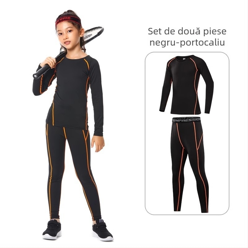 Set sport pentru copii – bodysuit pentru antrenament, uscare rapidă, respirabil, mânecă lungă, guler rotund, material din spandex cu căptușeală din mătase lapte, pentru alergare, yoga, baschet și fotbal