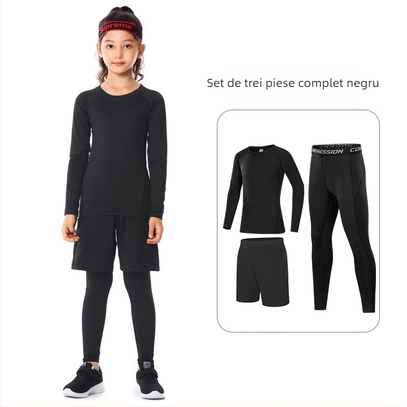 Set sport pentru copii – bodysuit pentru antrenament, uscare rapidă, respirabil, mânecă lungă, guler rotund, material din spandex cu căptușeală din mătase lapte, pentru alergare, yoga, baschet și fotbal
