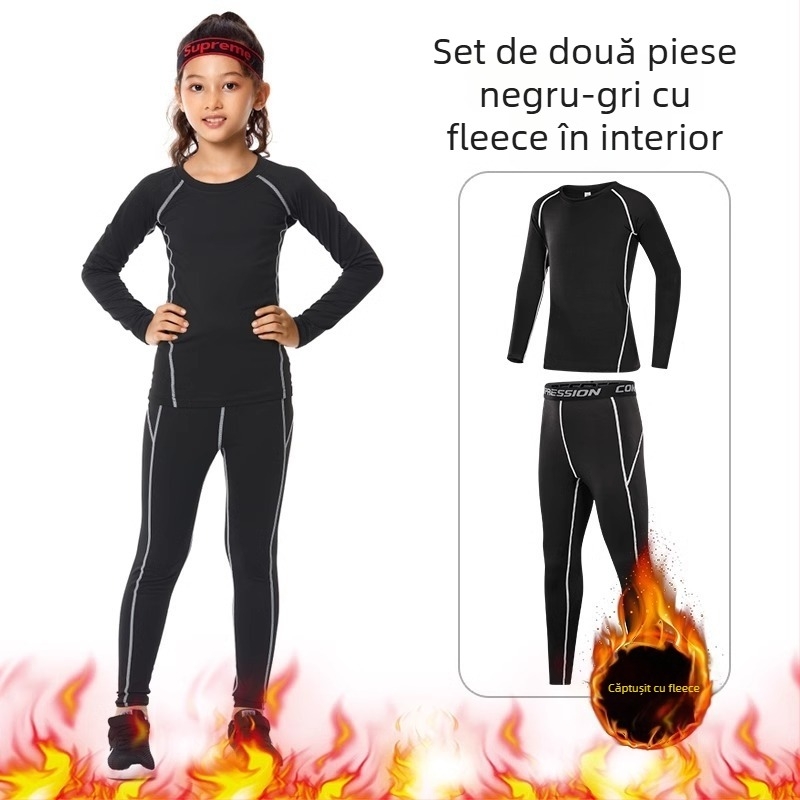 Set sport pentru copii – bodysuit pentru antrenament, uscare rapidă, respirabil, mânecă lungă, guler rotund, material din spandex cu căptușeală din mătase lapte, pentru alergare, yoga, baschet și fotbal