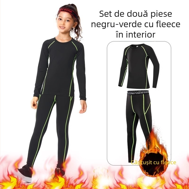 Set sport pentru copii – bodysuit pentru antrenament, uscare rapidă, respirabil, mânecă lungă, guler rotund, material din spandex cu căptușeală din mătase lapte, pentru alergare, yoga, baschet și fotbal