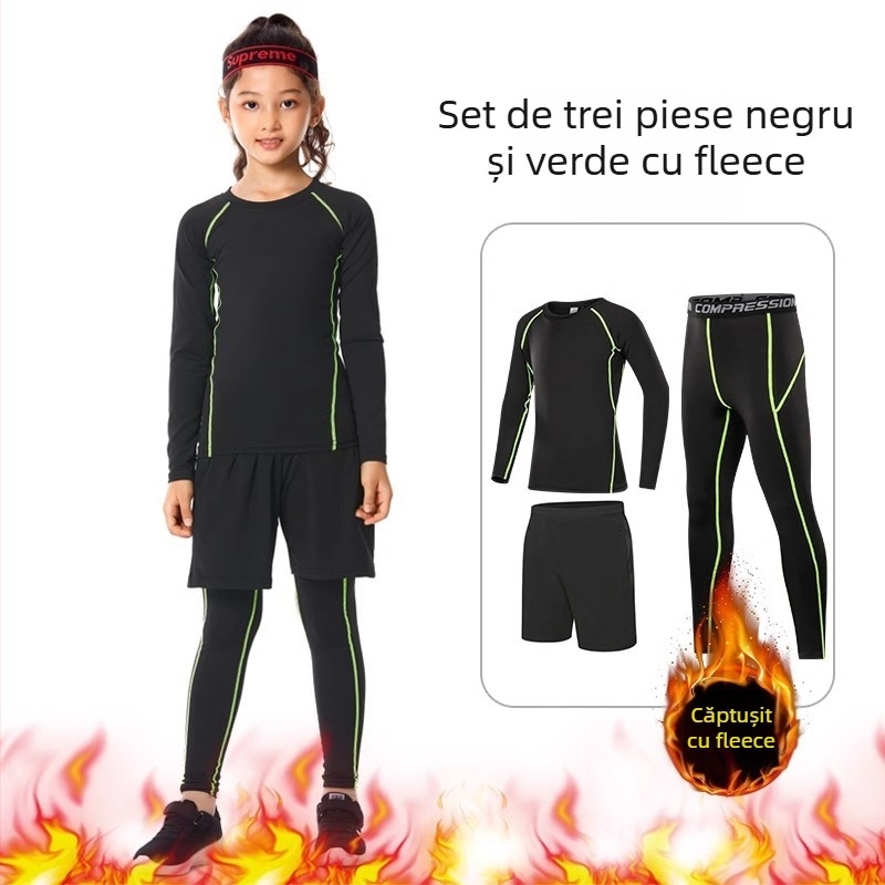 Set sport pentru copii – bodysuit pentru antrenament, uscare rapidă, respirabil, mânecă lungă, guler rotund, material din spandex cu căptușeală din mătase lapte, pentru alergare, yoga, baschet și fotbal