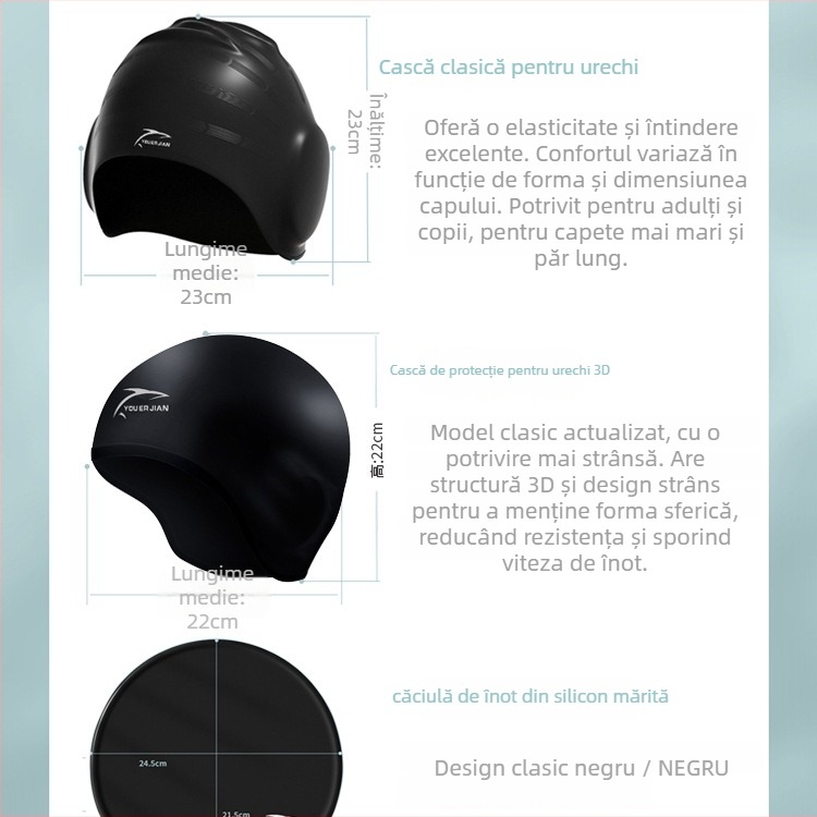 Șapcă de înot din silicon, croială lejeră, unisex adulți, potrivită pentru păr lung, protecția urechilor