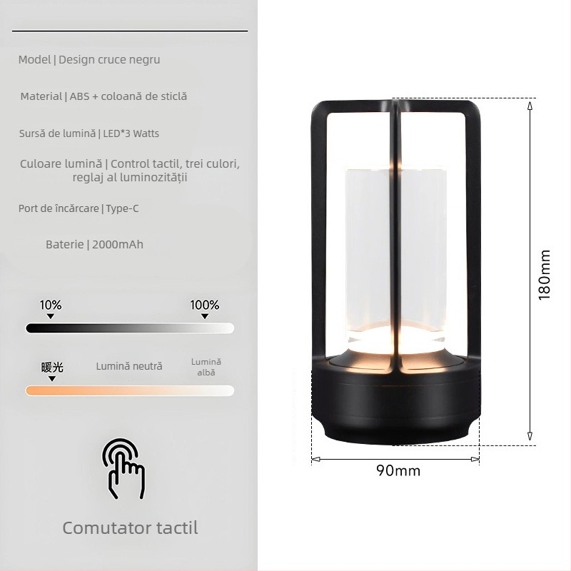 Lampă de masă cu design de cristal în formă de cruce, reîncărcabilă, control prin atingere, iluminare ambientală, suport din metal