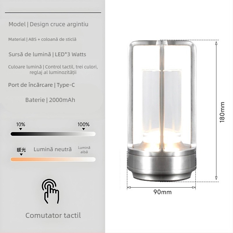 Lampă de masă cu design de cristal în formă de cruce, reîncărcabilă, control prin atingere, iluminare ambientală, suport din metal