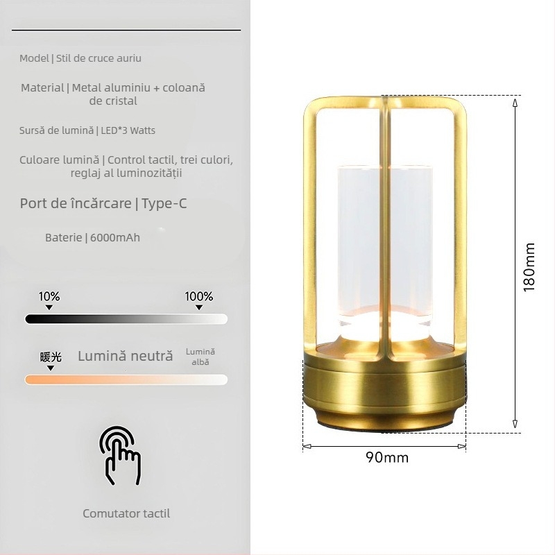 Lampă de masă cu design de cristal în formă de cruce, reîncărcabilă, control prin atingere, iluminare ambientală, suport din metal