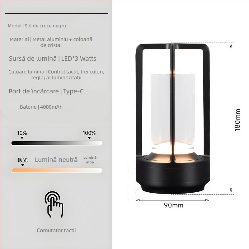 Lampă de masă cu design de cristal în formă de cruce, reîncărcabilă, control prin atingere, iluminare ambientală, suport din metal