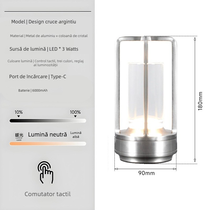 Lampă de masă cu design de cristal în formă de cruce, reîncărcabilă, control prin atingere, iluminare ambientală, suport din metal