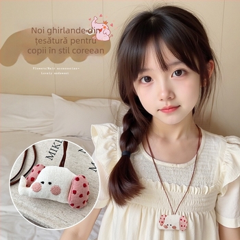 Colier pentru copii cu pandantiv 3D iepuraș și pandantiv mic în formă de măr, pandantiv textil, lanț extensibil 11 cm+, potrivit pentru vârste 3–10 ani