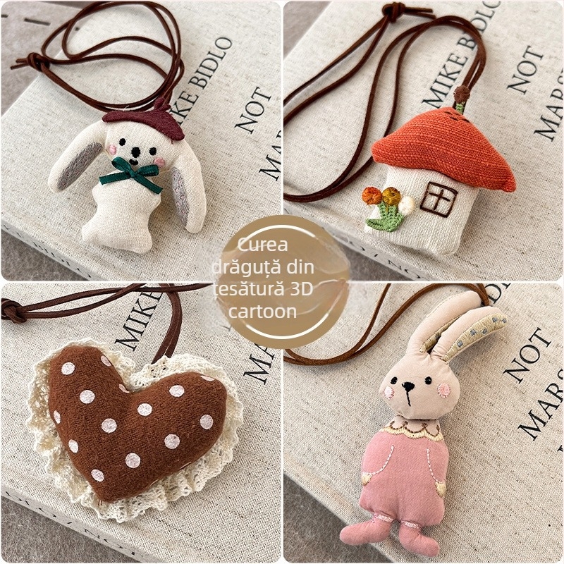 Colier pentru copii cu pandantiv 3D iepuraș și pandantiv mic în formă de măr, pandantiv textil, lanț extensibil 11 cm+, potrivit pentru vârste 3–10 ani